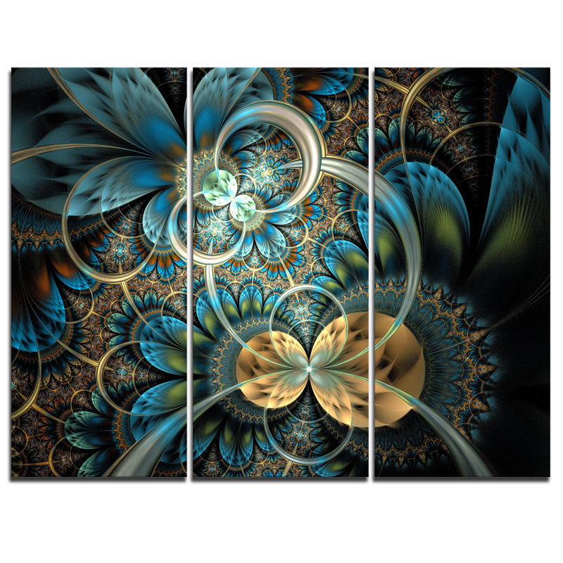 Mercer41 Symmetrical Blue Gold Fractal Flower - 3 Piece Graphic